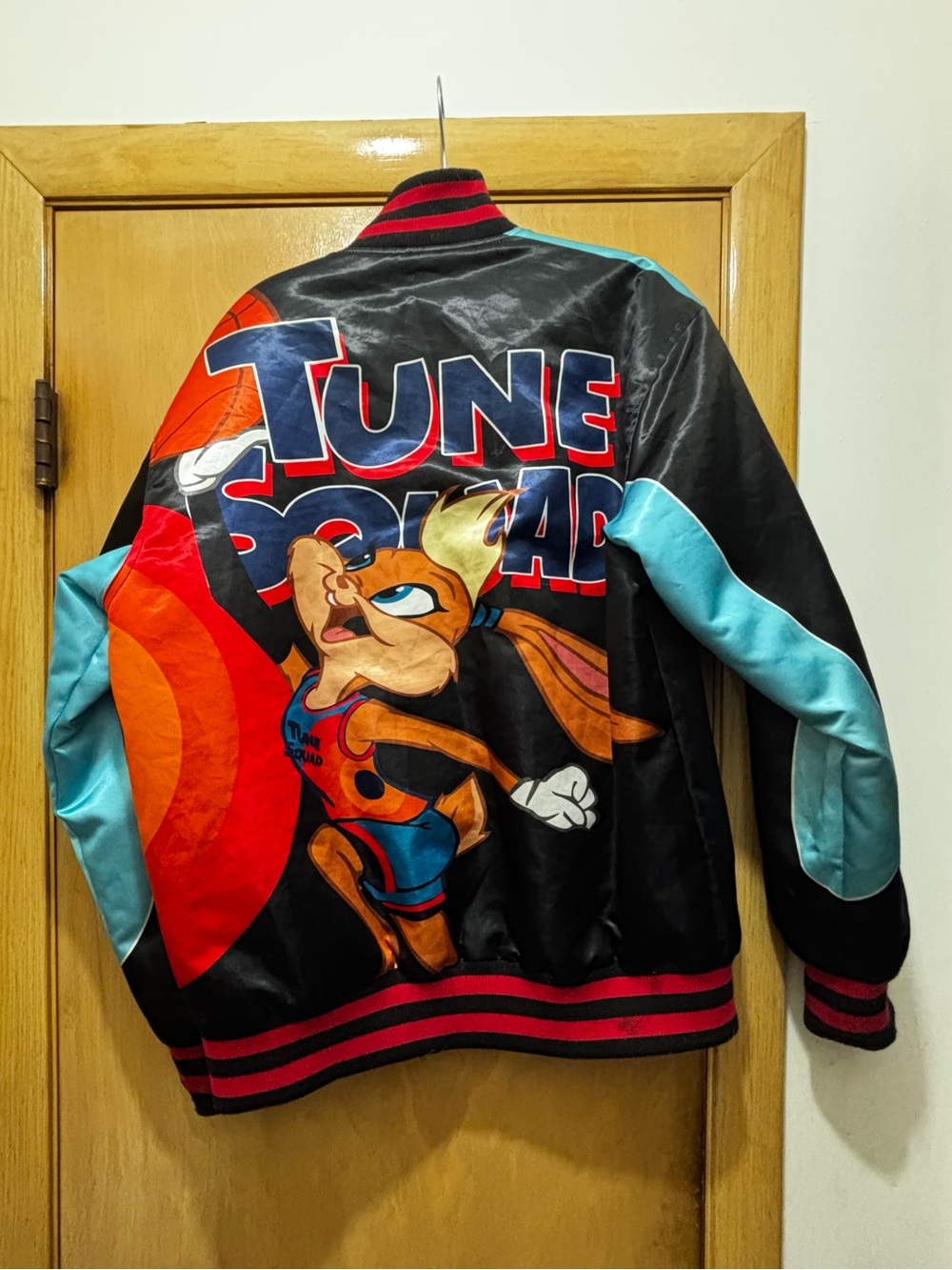 Tune Squad Black Satin Varsity Jacket with Turquoise Sleeves